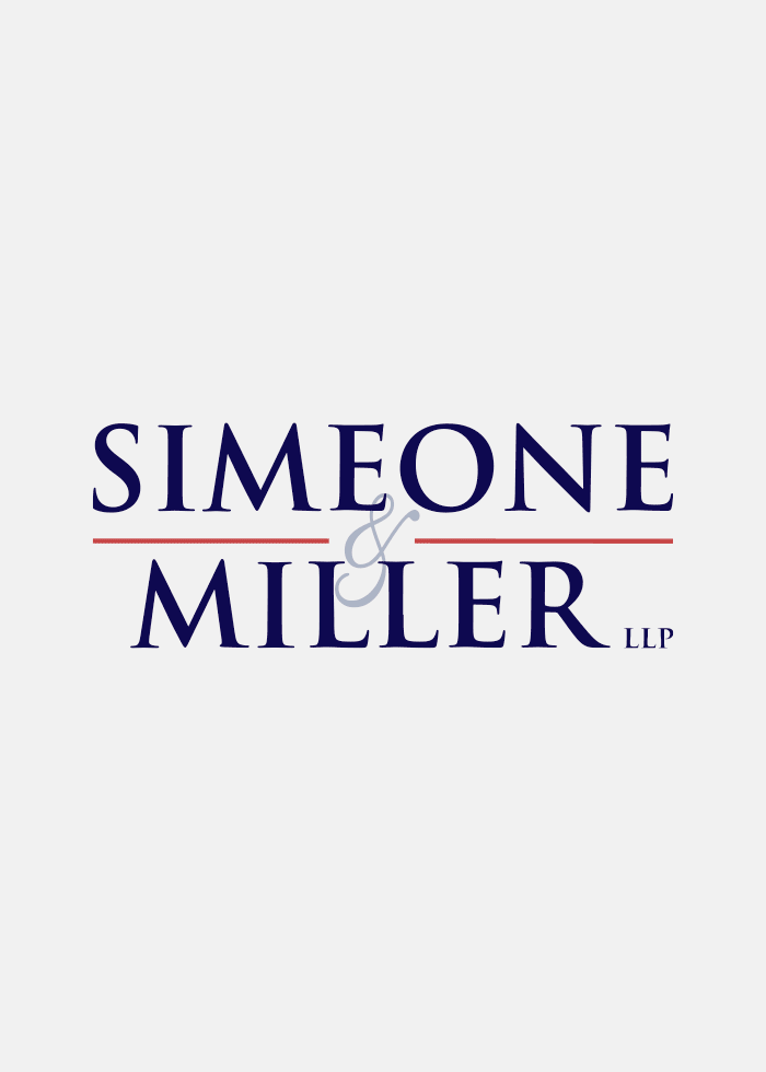 "Logo of Simeone & Miller LLP with bold navy text and red horizontal lines above and below the ampersand."