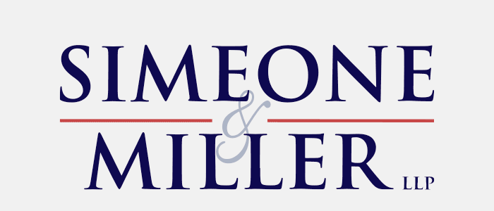 "Logo of Simeone & Miller LLP with bold navy text and red horizontal lines above and below the ampersand."