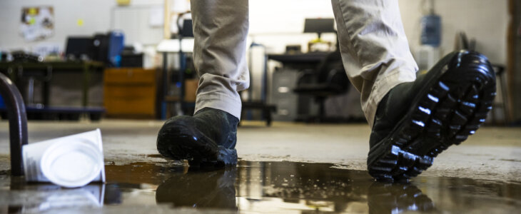 A male worker wearing work boots in a warehouse walking into a liquid spill on the floor.