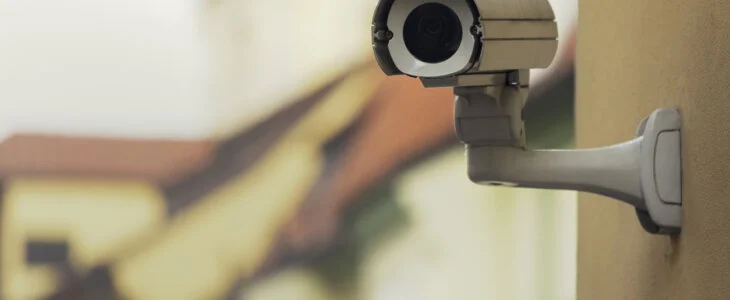 A security camera on an apartment building wall in a city environment.