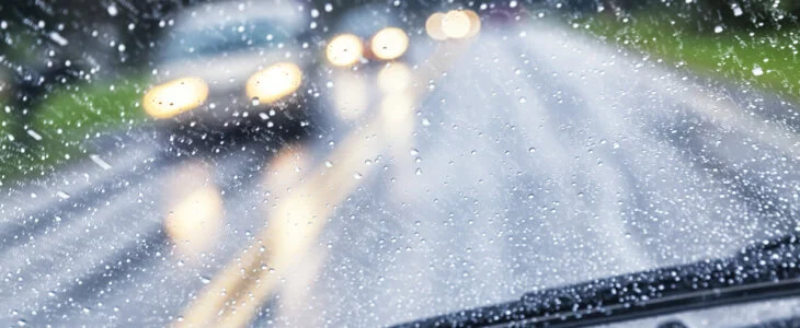 Driver POV (point of view) looking over the windshield wipers through the wet, blurry, partially opaque, partially transparent, spot speckled windshield of a car traveling on a rural highway during an autumn rain storm. Hazy, blurred headlights of approaching vehicle traffic are just blobs of light through the streaking and splattered raindrop water. Canon 5D Mark III.