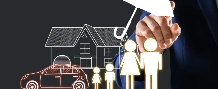 "Hand holding umbrella over illustrated family, house, and car, symbolizing insurance protection."